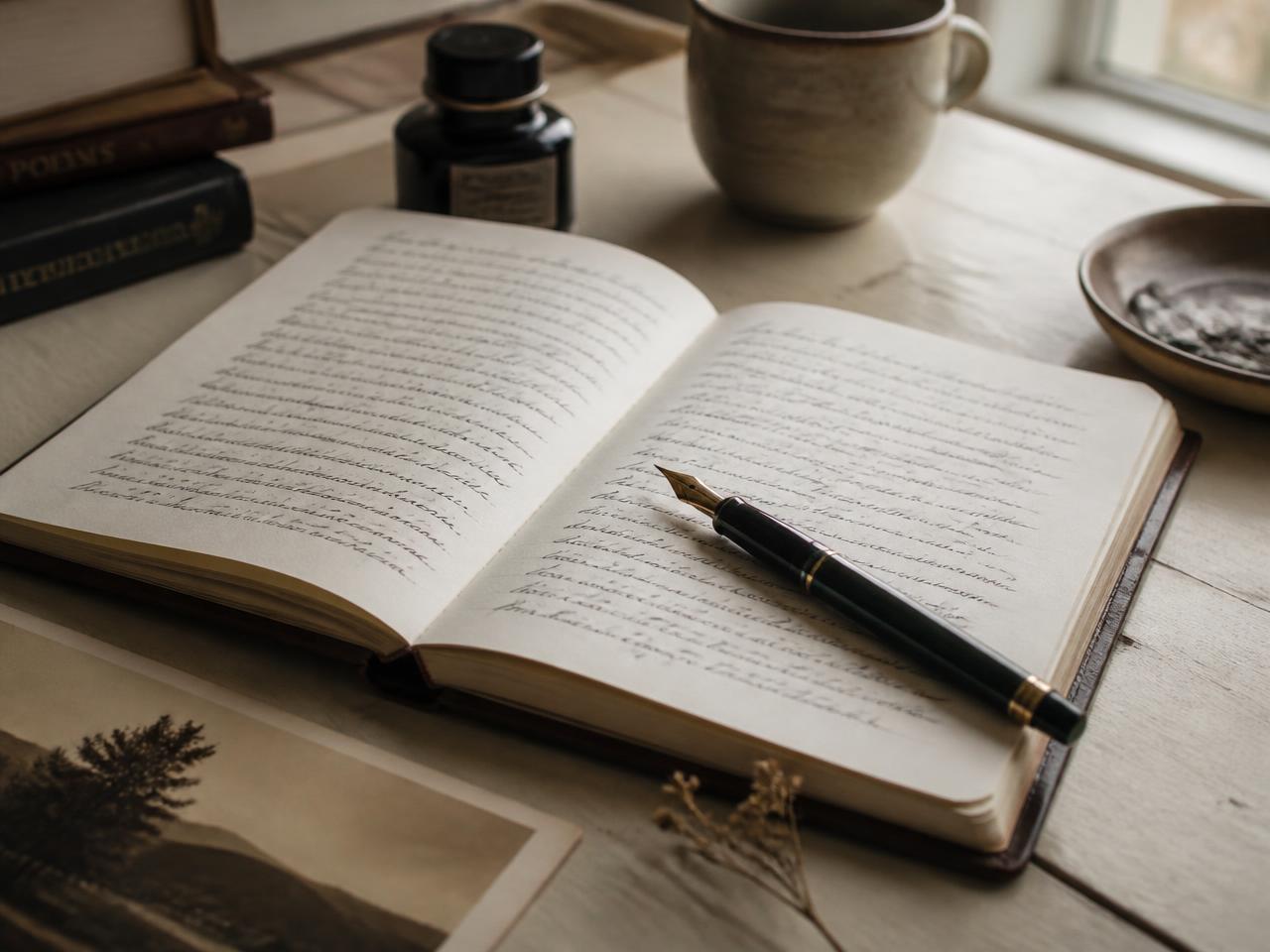 Carnet manuscrit ouvert et stylo plume posés sur un bureau en bois